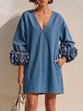 3d Floral Cuff V‐neck Loose Denim Mini Dress