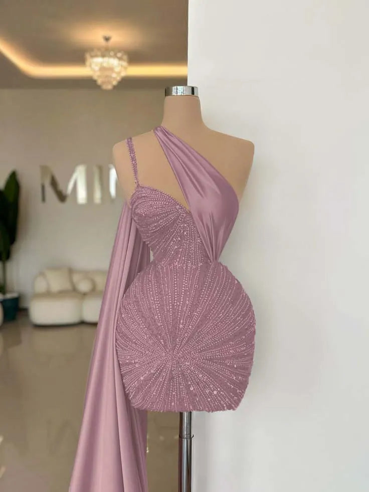 One Shoulder Sleeveless Short Homecoming Dress With Beading HC0152