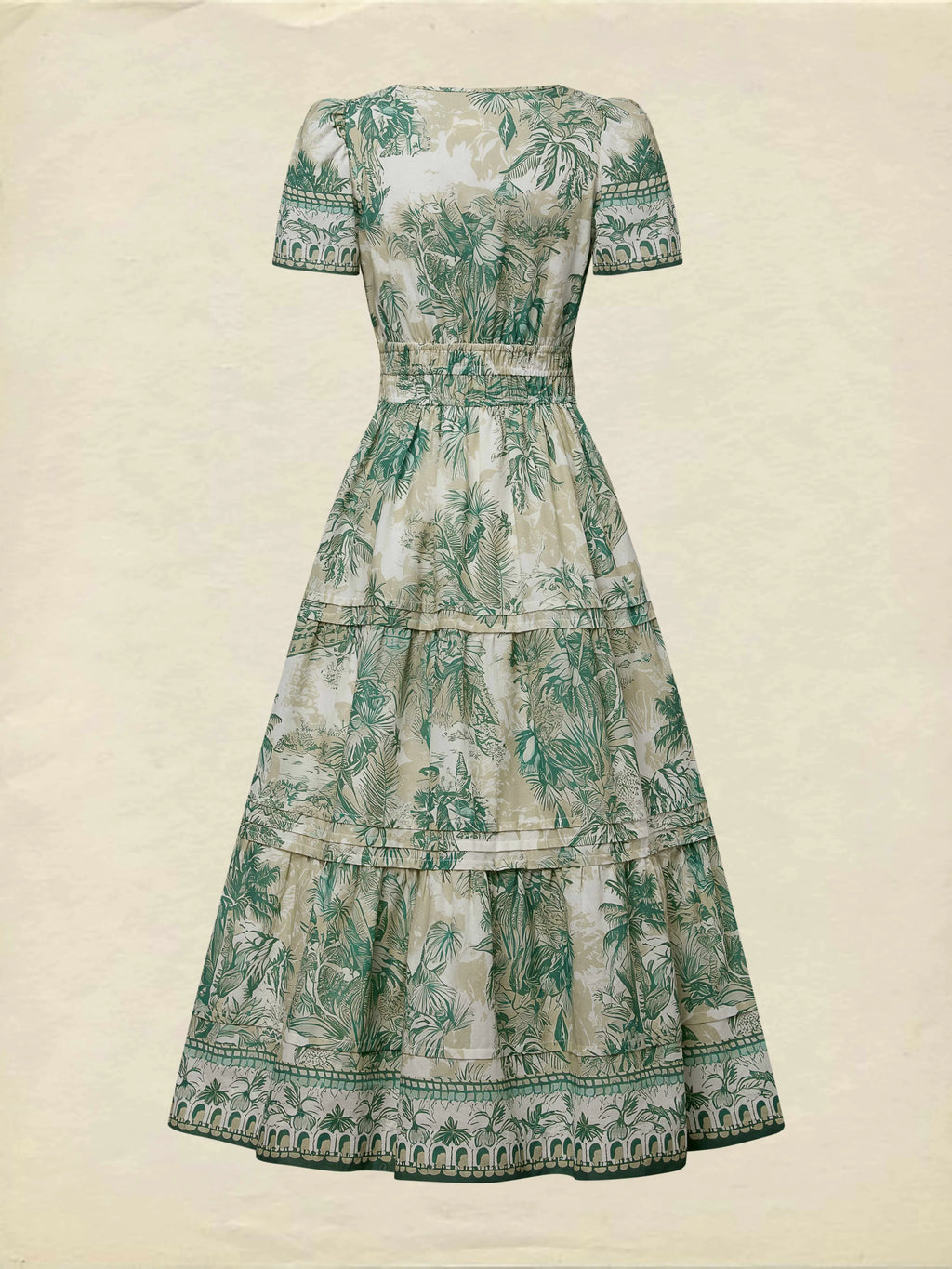 Maxi Cotton Dress, Short Sleeves, V Neck, Floral, Vacation, Vintage, Green