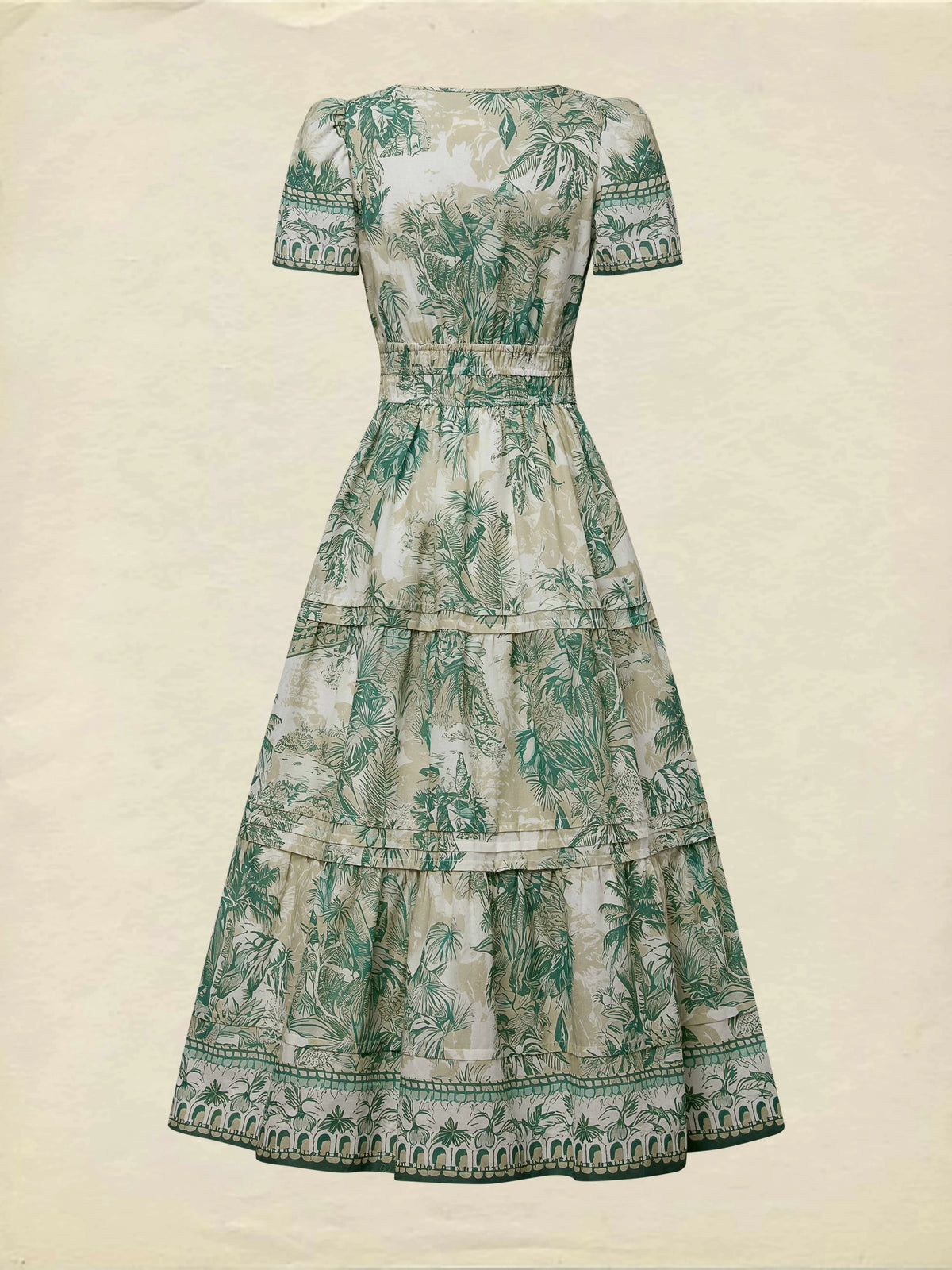 Maxi Cotton Dress, Short Sleeves, V Neck, Floral, Vacation, Vintage, Green