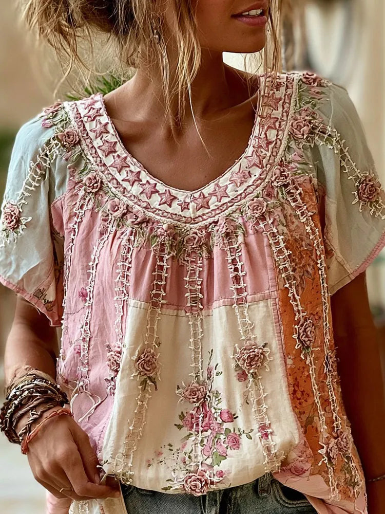 Women's Vintage Bohemian Rose And Star Pattern Round Neck T-shirt