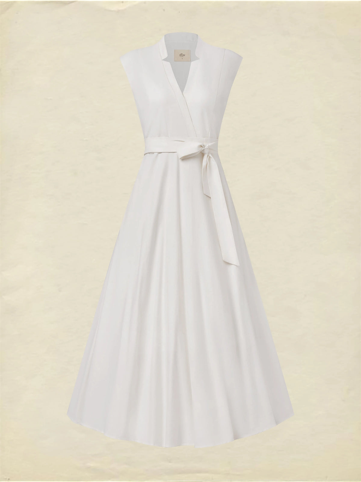 Midi Linen Dress , Sleeveless, V Neck, Plain, Belt Design, Vintage, White