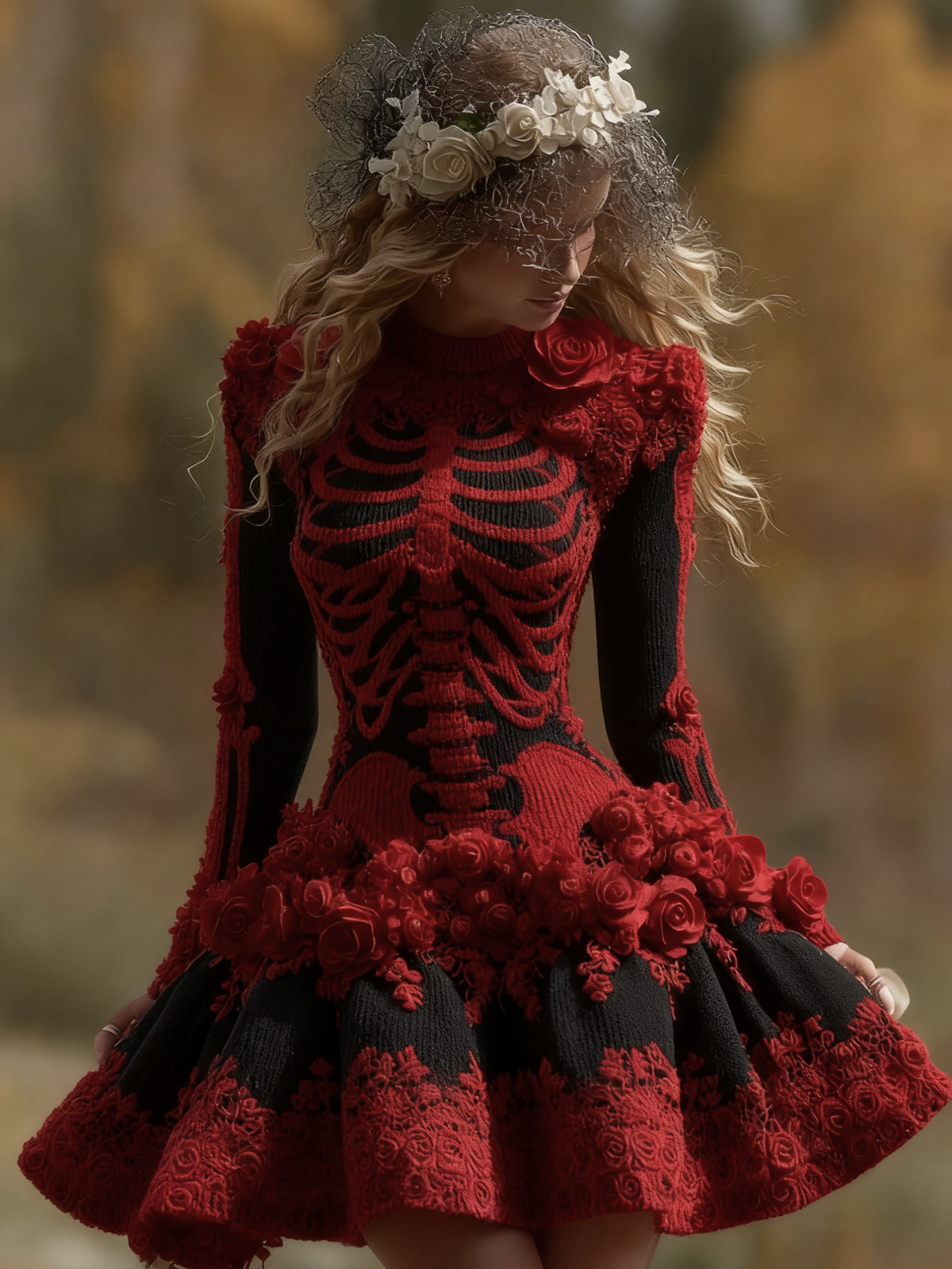 Women's Halloween Skeleton Bones With Rose Art Cozy Knit Mini Sweater Dress