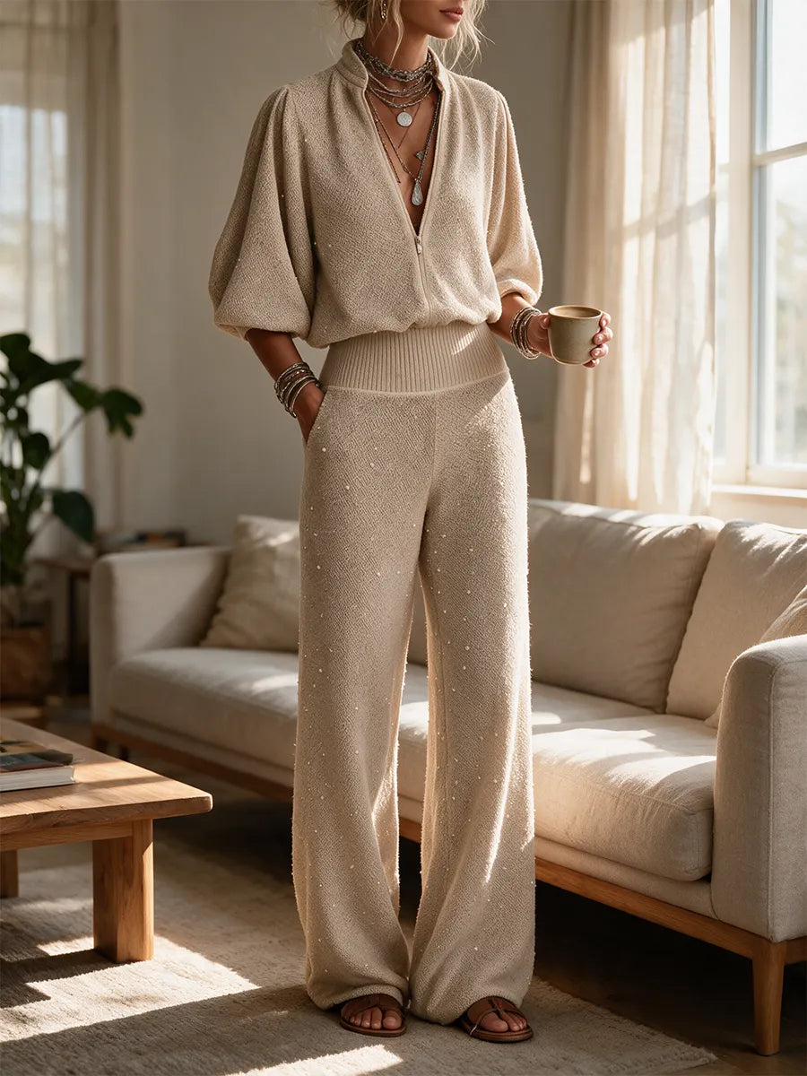 Soft Minimal Pearl Detail Knit Lounge Set