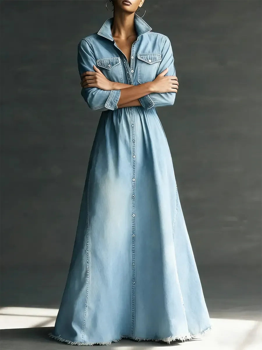 Women Stylish Art Stand Collar Washed Denim Midi Dress