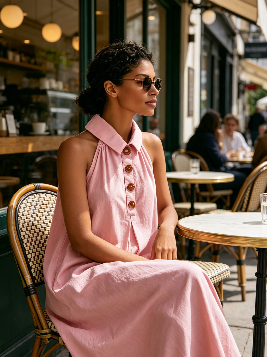 Pink Halter Collar Linen Blend Maxi Dress