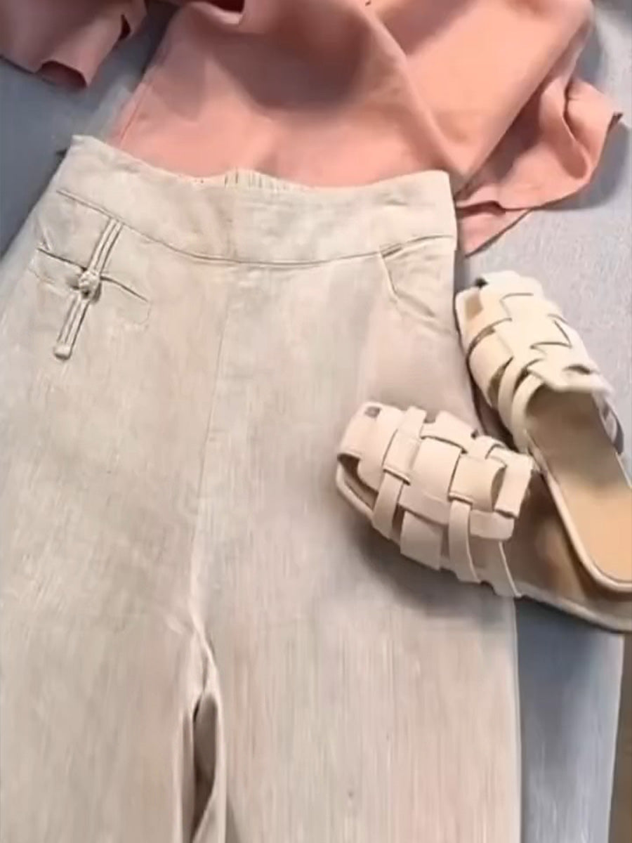 Women's Solid Color Button Half Elastic High Waist Casual Cotton and Linen Wide Leg Pants