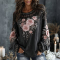 Women's Vintage Spring Floral Embroidered Art Print Flowy Linen Blend Long Sleeve Tops