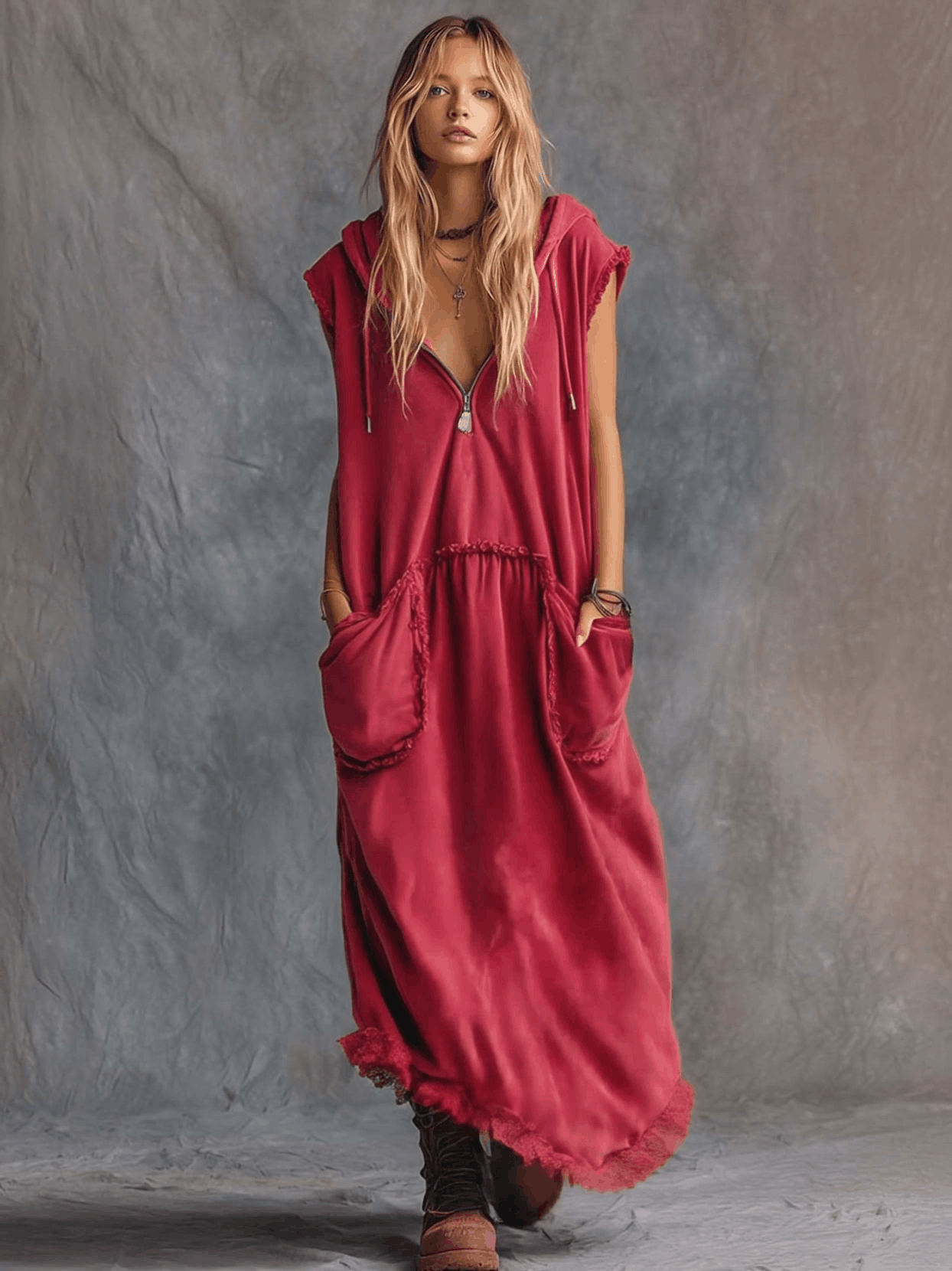 Vintage Casual Sporty Hooded V-neck Front Zip Lace Trim Sleeveless Raspberry Red Cotton Maxi Dress