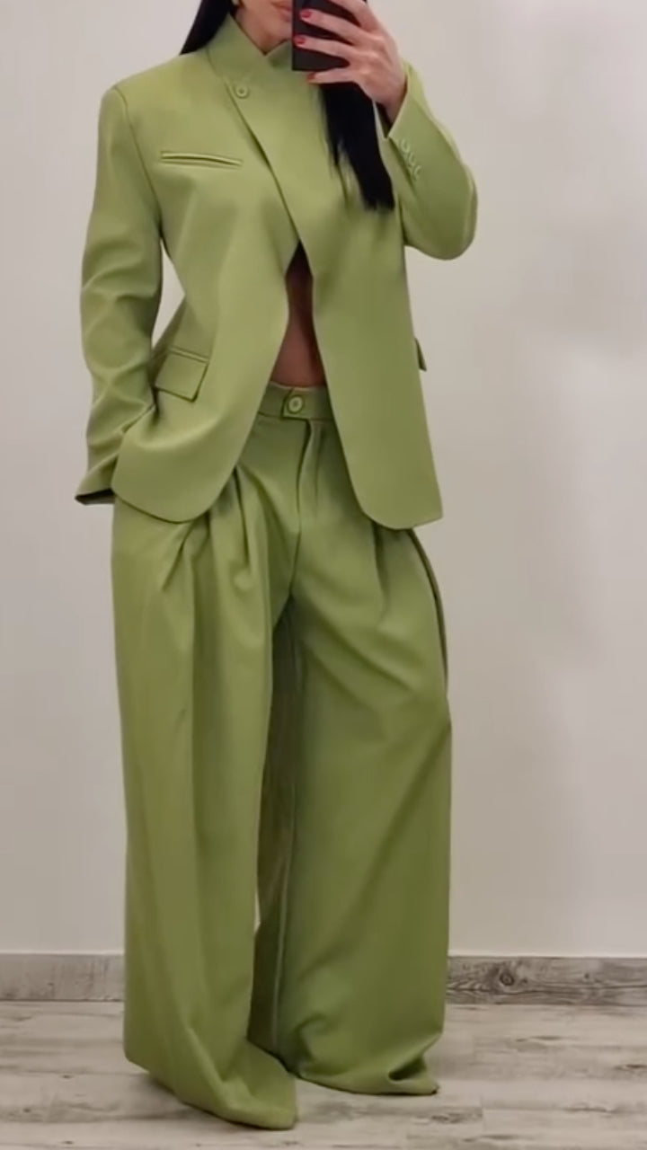 Women's Stand-Up Collar Slit Suit Casual Set