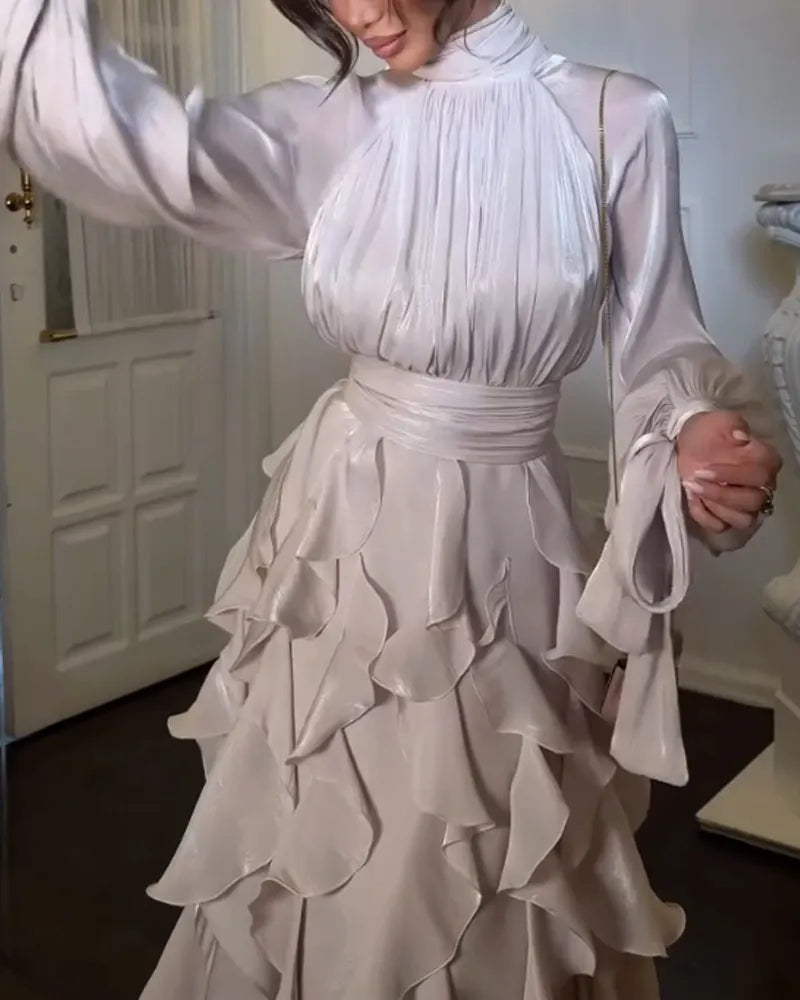 Elegant High Collar Ruffle Dress