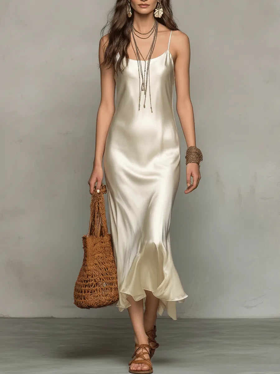 Elegant Satin Slip Midi Dress With Sheer Chiffon Cover-Up