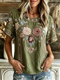 Women's Boho Floral Cotton Embroidered Printed T-shirt
