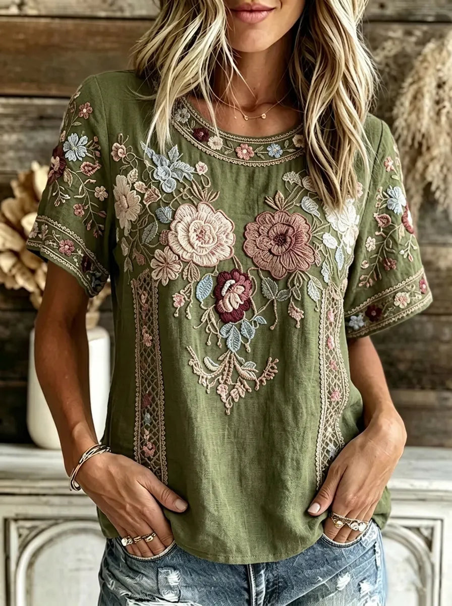 Women's Boho Floral Cotton Embroidered Printed T-shirt