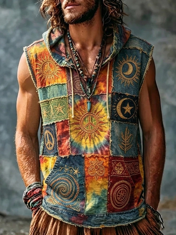 Men's Vintage Bohemian Peace Sign Patchwork Art Print Hooded Tank Top