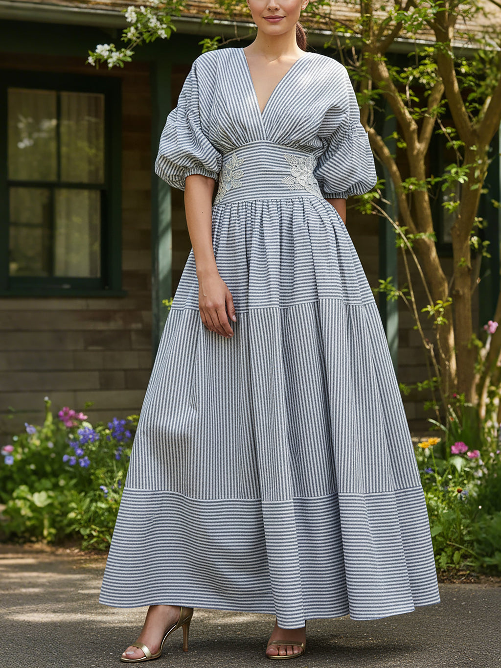 Maxi Cotton Dress, Half Sleeve, V Neck, Striped, Lace, Vintage, Blue