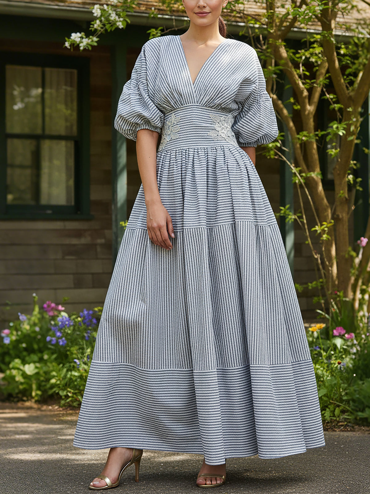 Maxi Cotton Dress, Half Sleeve, V Neck, Striped, Lace, Vintage, Blue