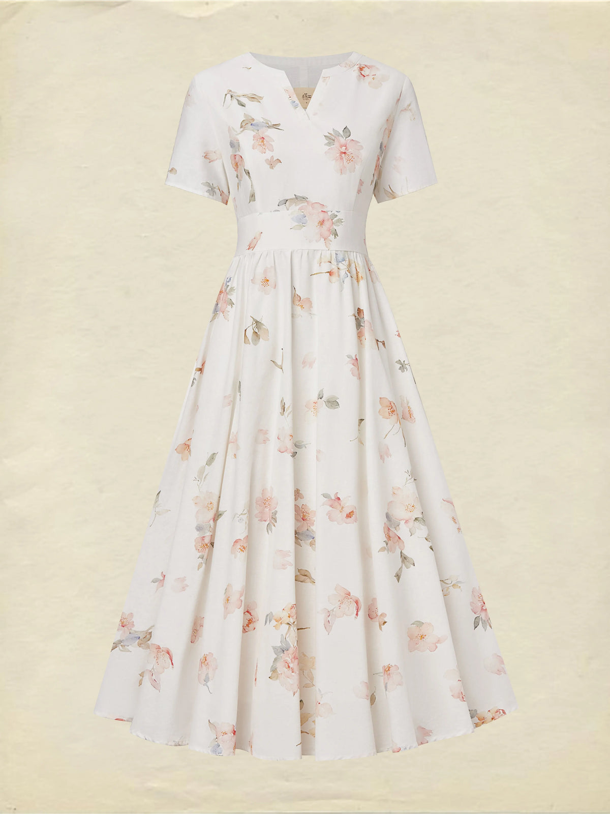 Midi Linen Dress, Short Sleeves, V Neck, Floral, Vintage, White