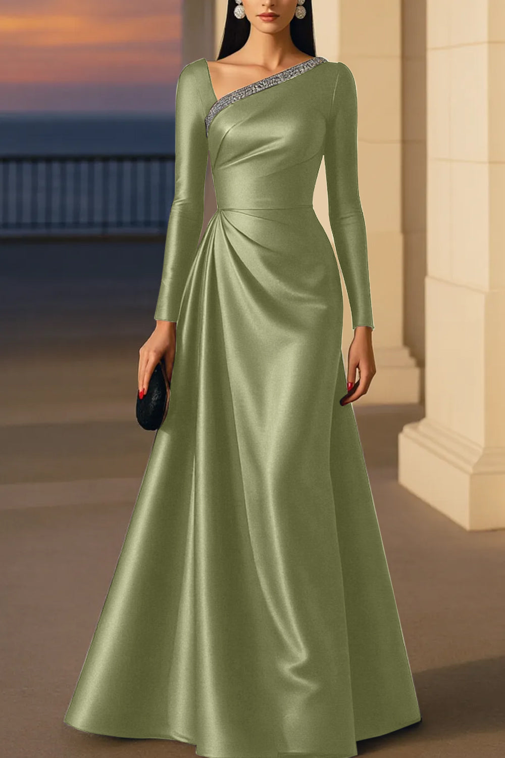 Evening Formal Burgundy Dress Asymmetrical Neck Long Sleeve Maxi Gown
