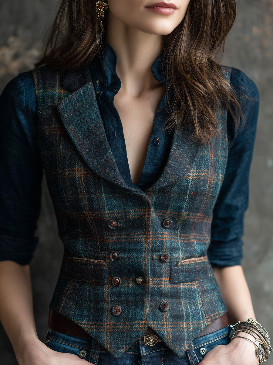 Retro Lapel Plaid Wool Vest