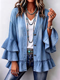Chic Boho Tiered Ruffle Sleeve Denim Cardigan
