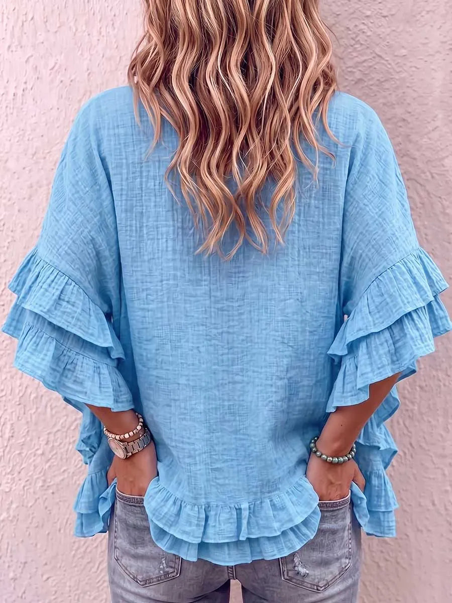 Women's V-neck Tie-waist 3/4 Sleeve Casual Loose Cotton Linen Top