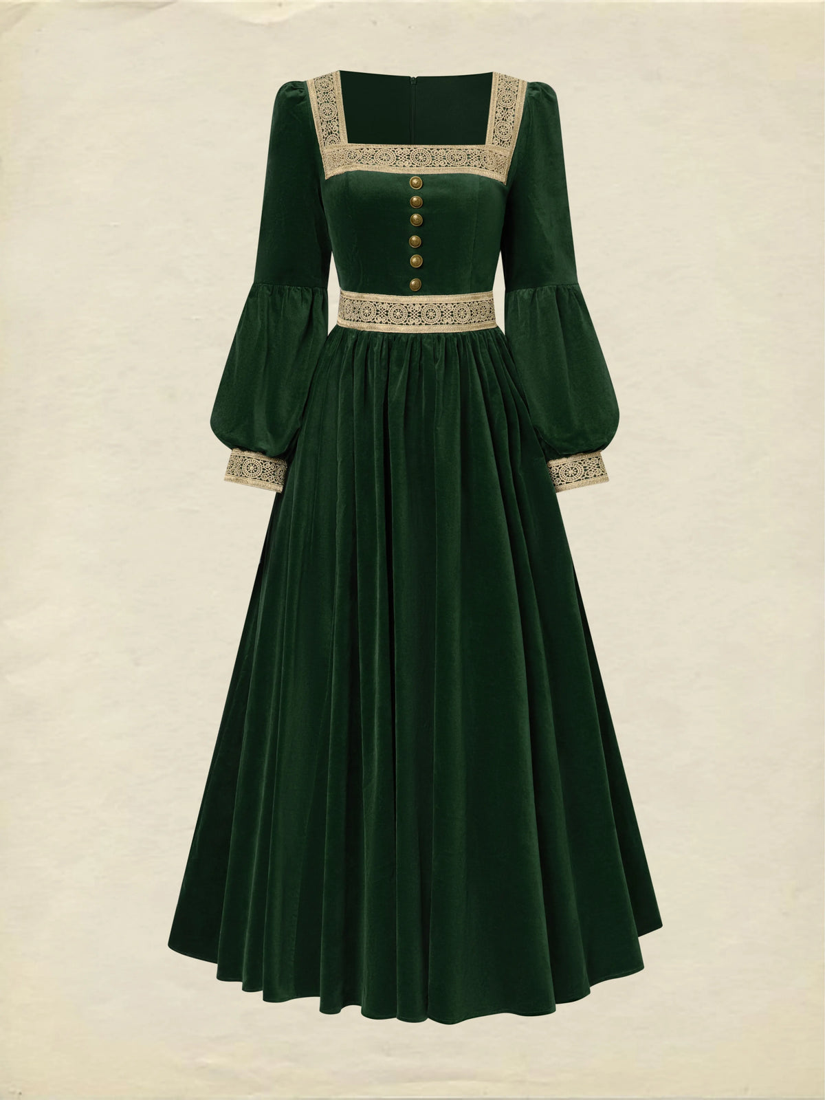 Maxi Cotton Dress, Long Sleeves, Square Neck, Plain, Lace, Vintage, Green