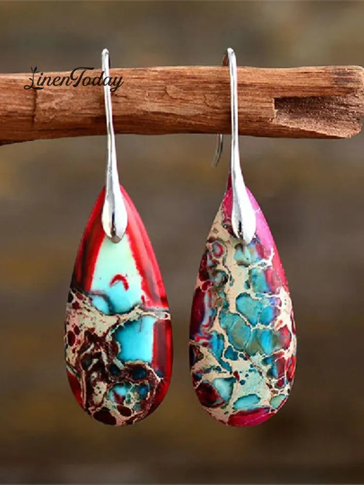 Women's Natural Teardrop Shape Emperor Stone Earrings