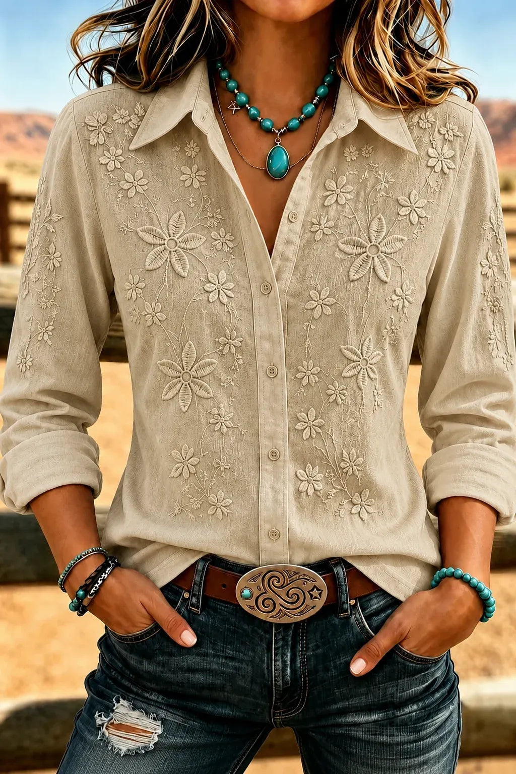 Women'S Retro Floral Casual Long Sleeved Loose Shirt