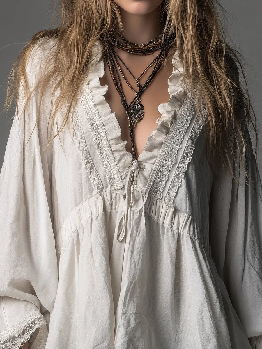 Bohemian-style Loose-fitting Cotton Blend Blouse With Lace Trim