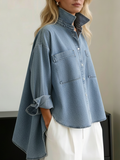 Casual Stand-collar Irregular Hem Denim Shirt Top