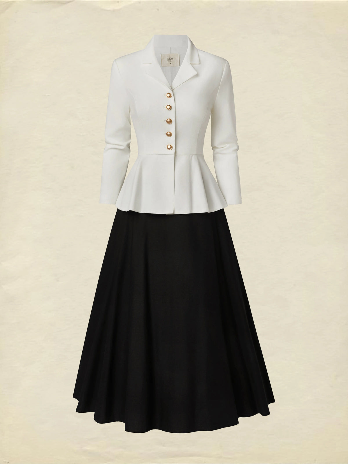 Midi Linen Skirt Set, Long Sleeves, Lapel Collar, Plain, Button Design, Vintage, White