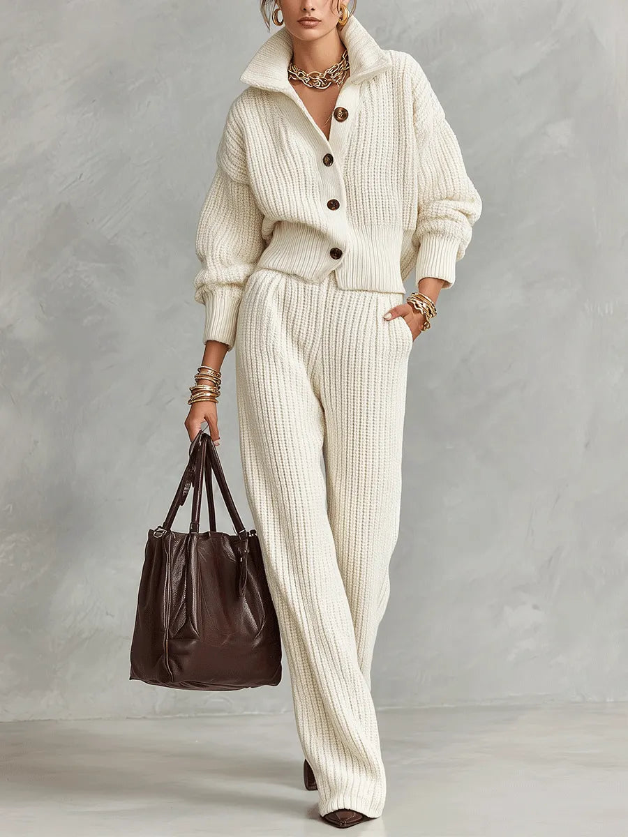 Chunky Ribbed Knit Two-Piece Set - Button Cardigan & Wide-Leg Pants