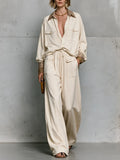 Effortless Chic Contrast Collar Shirt & Palazzo Pants Outfit Set