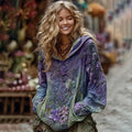 Vintage Green And Purple Rose Art Linen Hoodie