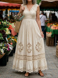 Women's Bohemian Floral Lace Cotton Linen Maxi Dress
