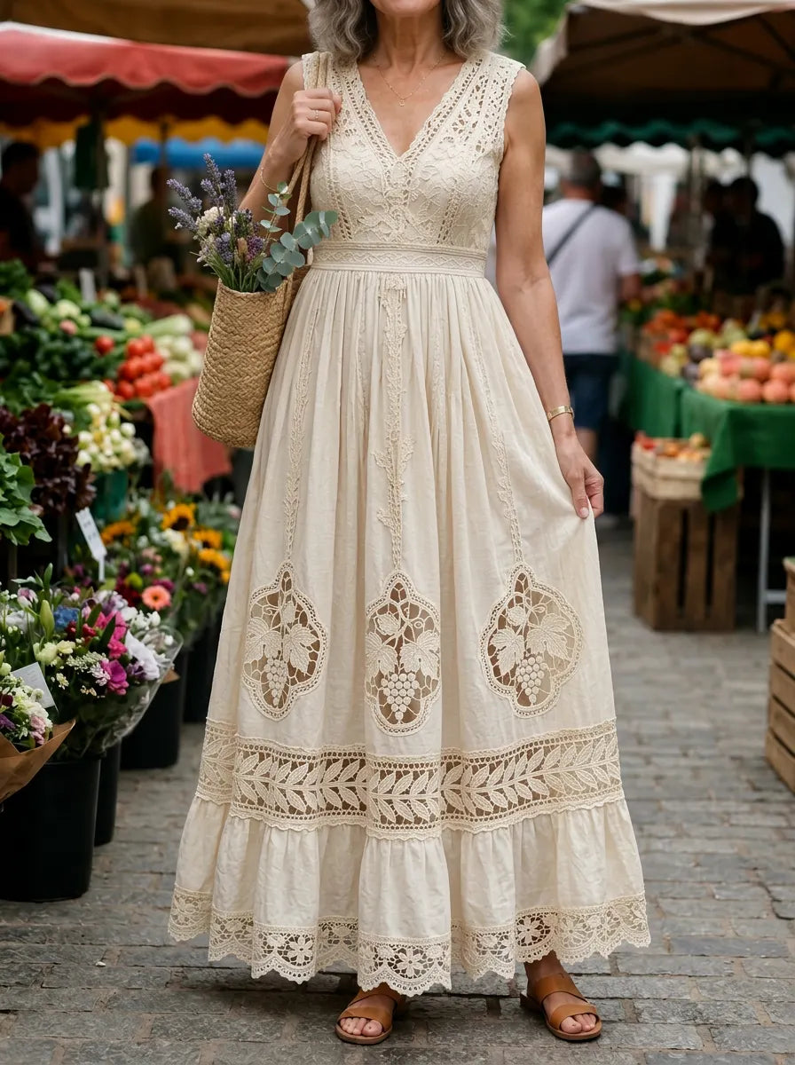 Women's Bohemian Floral Lace Cotton Linen Maxi Dress