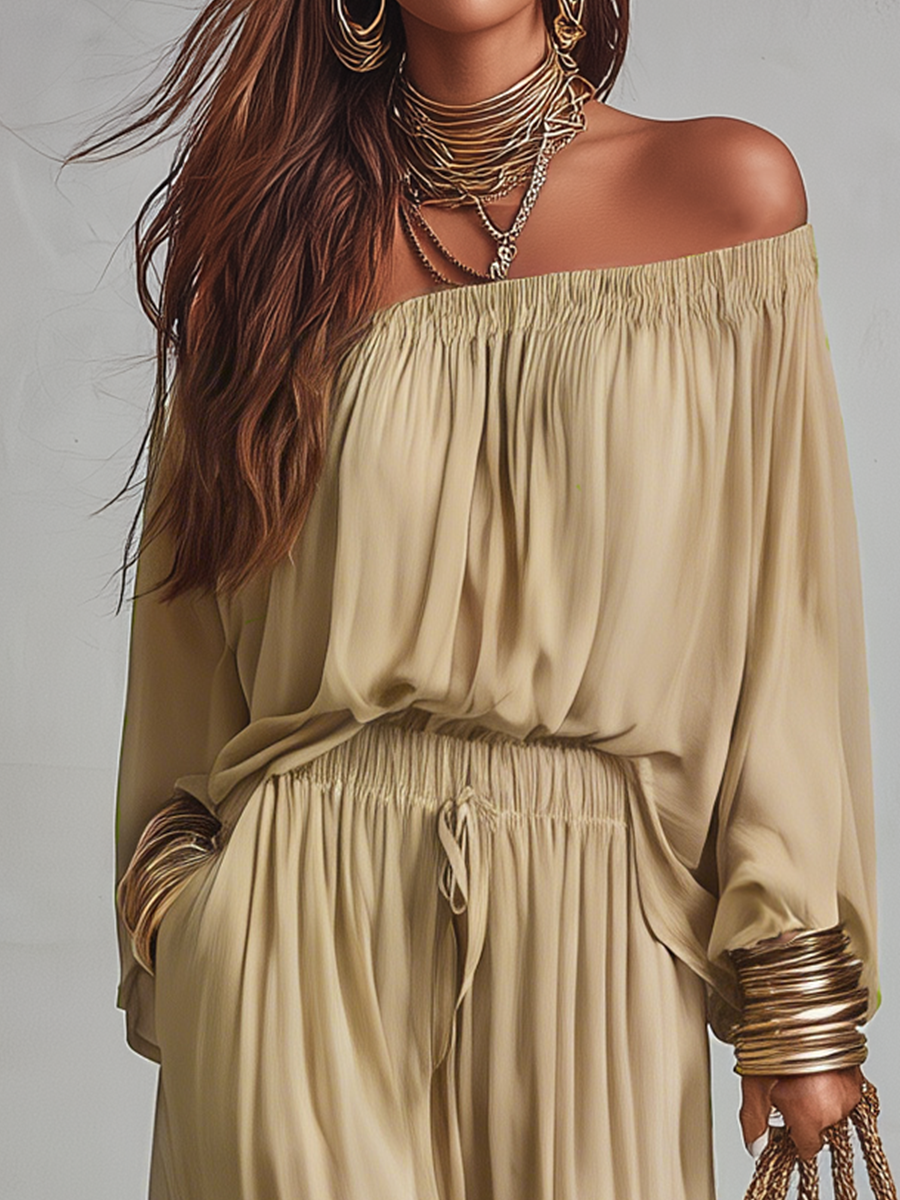 Effortless Dune Beige Off-the-Shoulder Draped Harem Trouser Co-ord Set