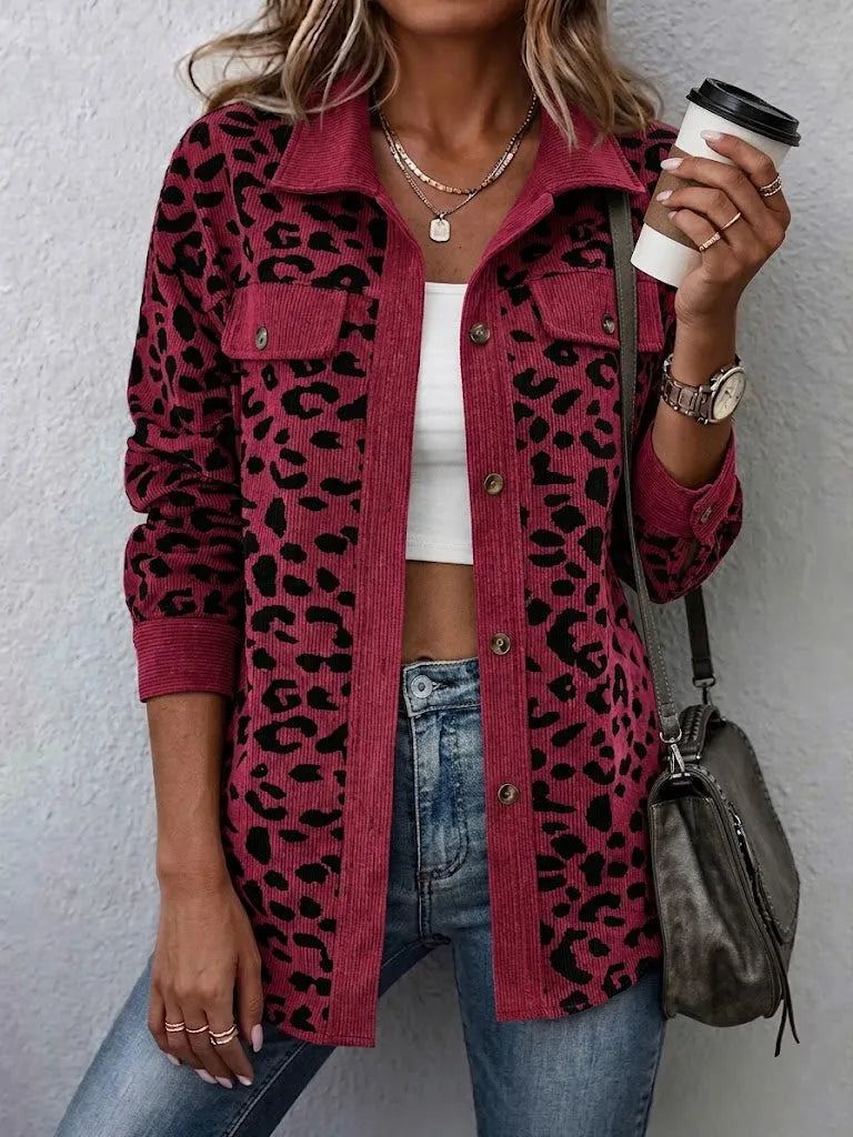 Contrast Rib Collar Leopard Print Corduroy Long Sleeve Shirt Jacket