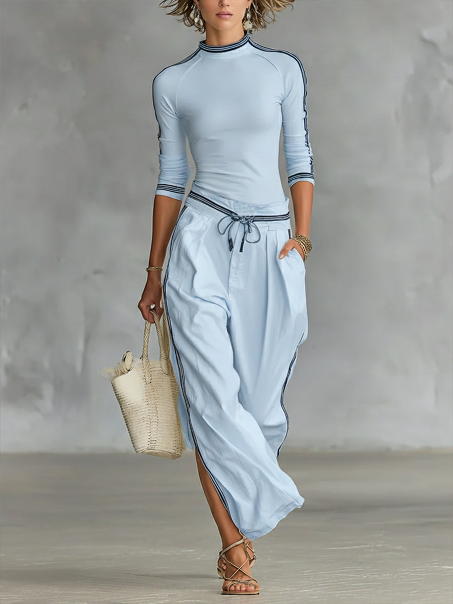 Women’s Cozy Stretch Knit Top And Linen And Cotton Trousers Two-piece Set