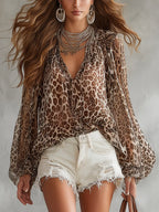 Bohemian Style Chiffon Brown Leopard Print Top