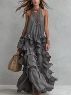 Elegant Grey Romantic Layered Ruffle Long Dress