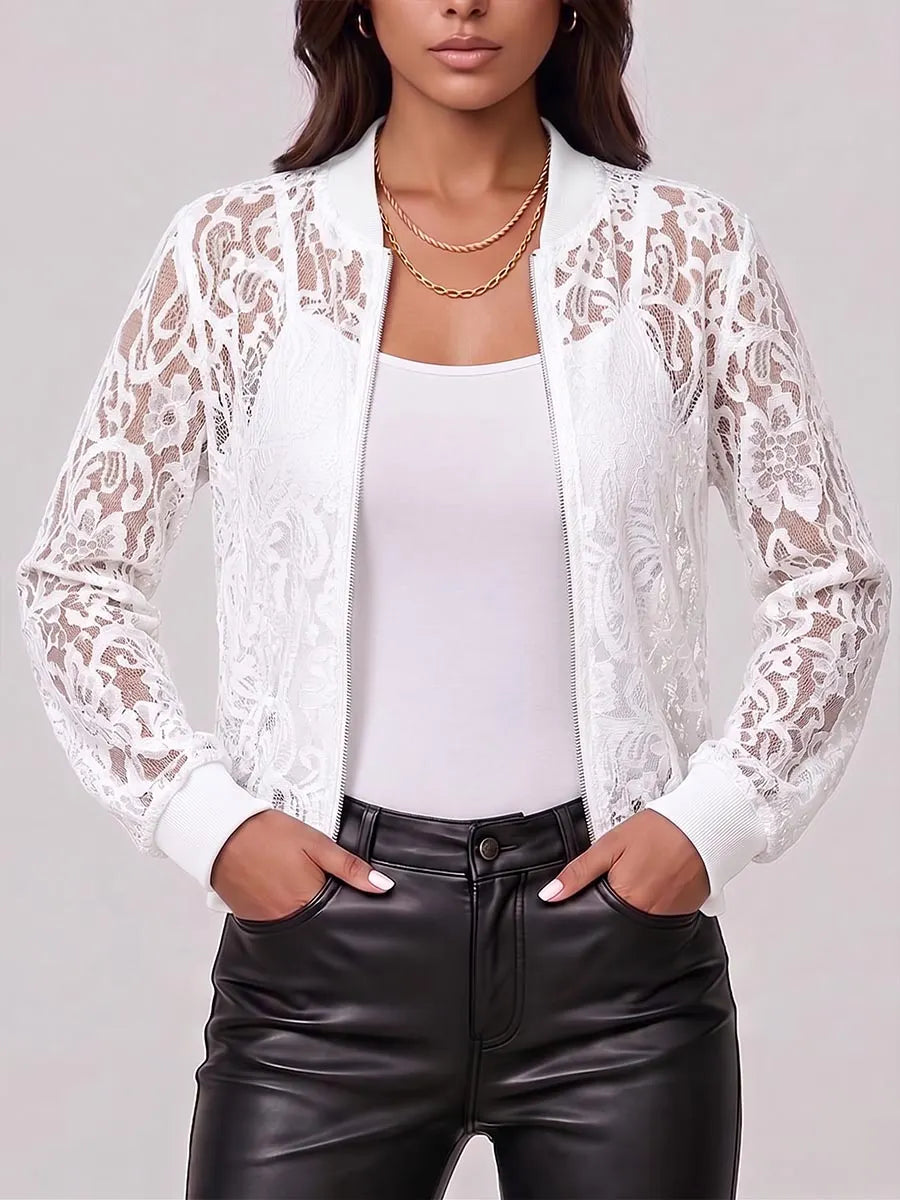 Women's Solid Color Stand Collar Long-sleeved Casual Loose Lace Jacket
