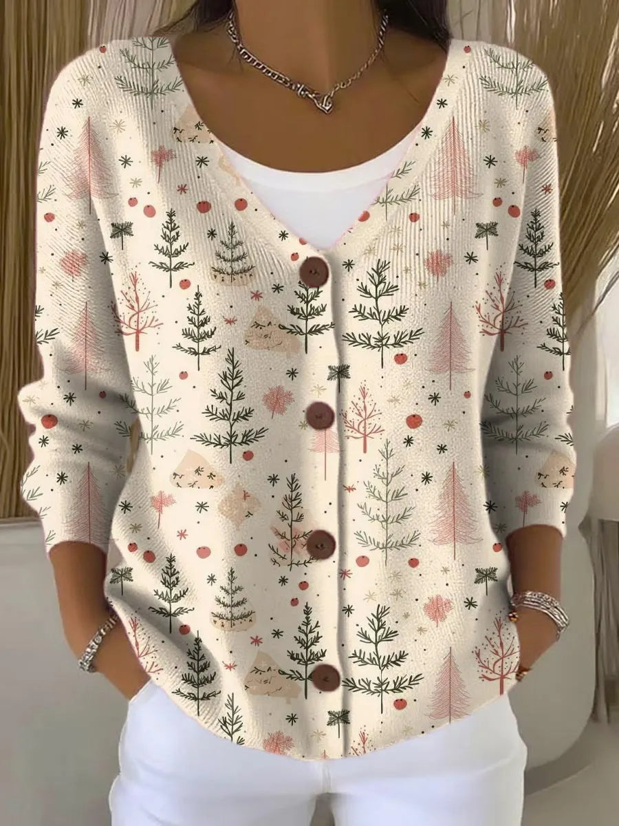 Women's Christmas Tree Art Print Buttoned Cardigan Sweater