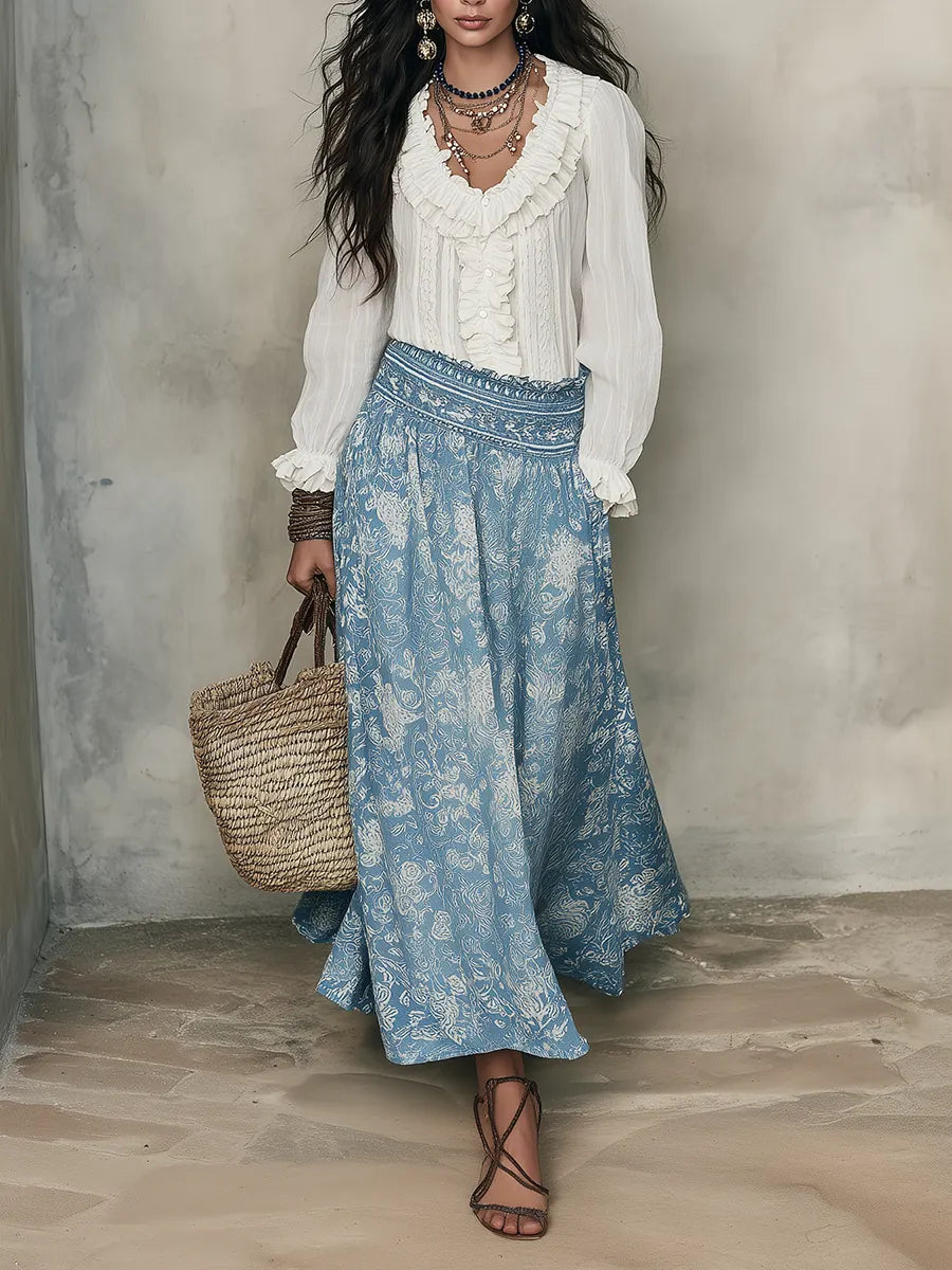 Bohemian White Ruffle Blouse & Blue Jacquard  ¨C Effortless Resort Elegance Midi Skirt
