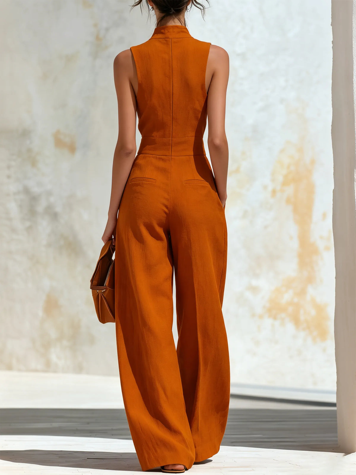 Stand Collar Front Zip Sleeveless Orange Linen Wide Leg Jumpsuit