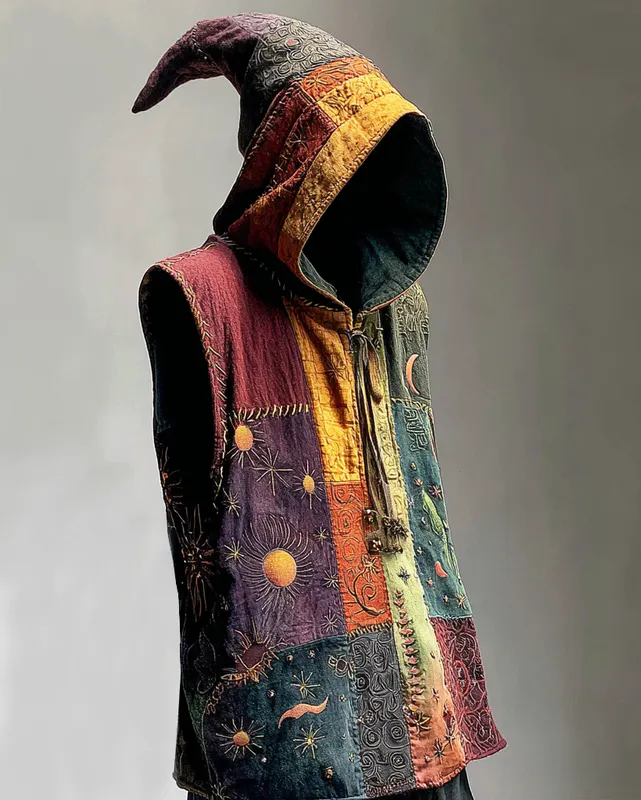Men's Summer Vacation Star and Moon Embroidery Rainbow Contrast Hooded Sleeveless Top  4bef