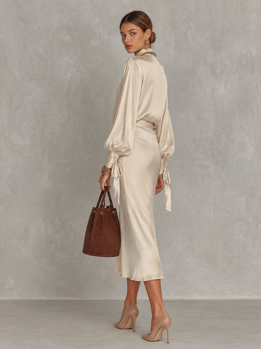 Satin Two-Piece Set Mock Neck Lantern Sleeve Blouse & High Waist Midi Skirt