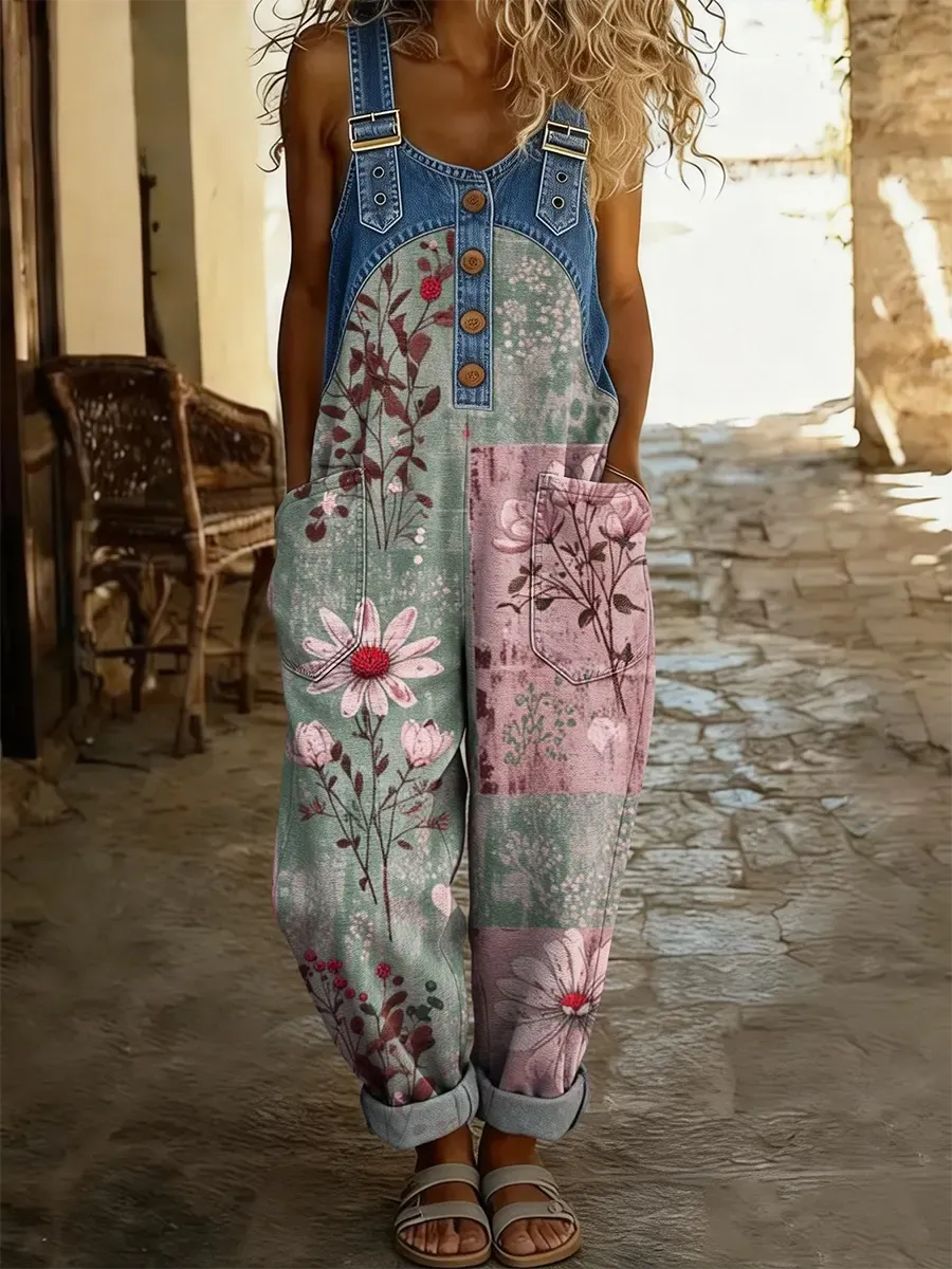 Ethnicity Bohemian Style Flowers Women's Casual Washed Cotton Denim Patchwork Jumpsuit