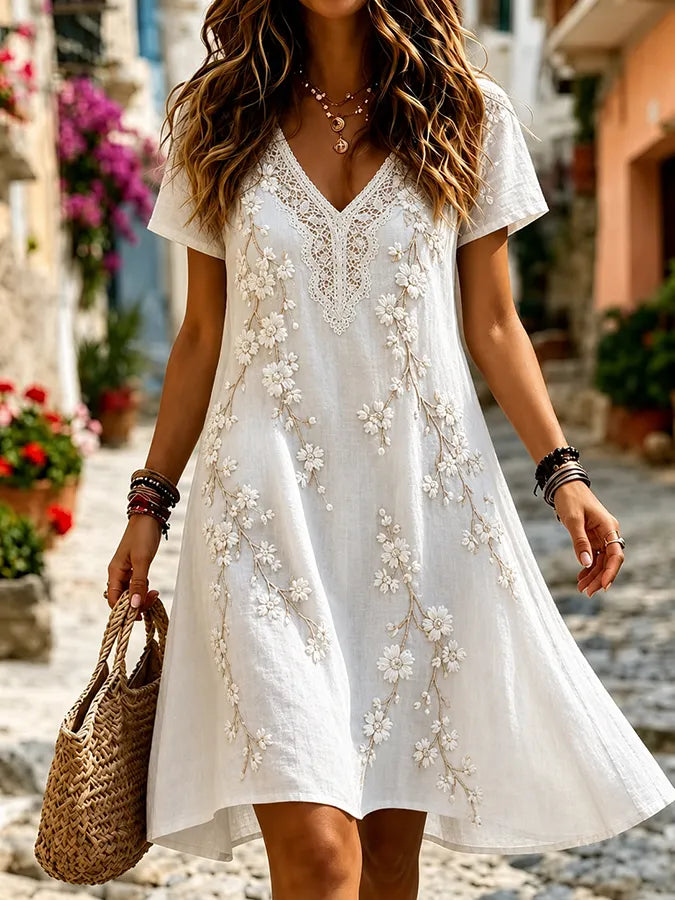 Women'S Plant Flower Art Linen Blended V-Neck Mini Dress